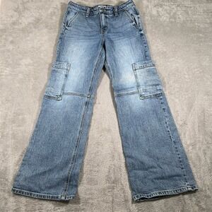 Kancan Throwback‎ Low Rise Cargo Jeans Womens 5/26 Blue Medium Wash Wide Leg